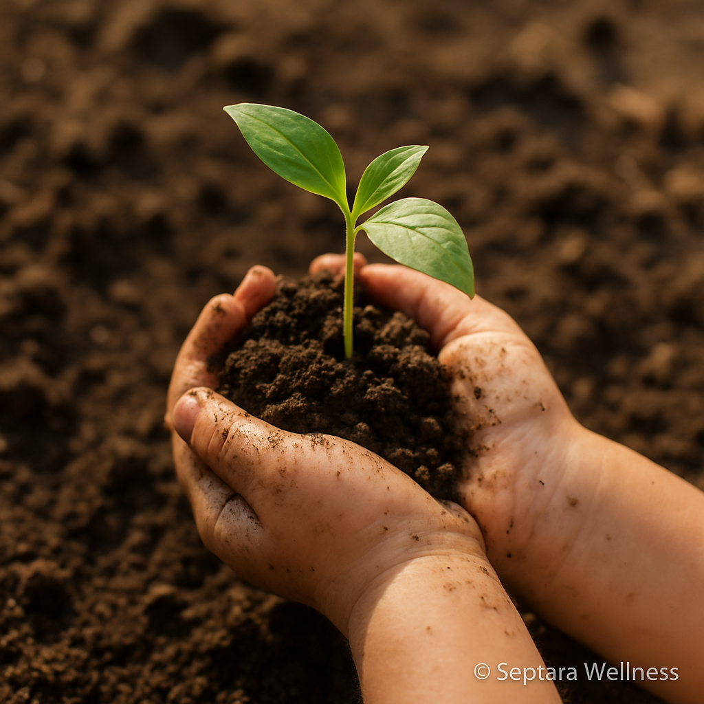 Small child's dirt-covered hands gently holding soil and a sprouting seedling, symbolizing natural immunity and connection to earth.